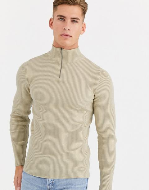 Asos Design Muscle Fit Ribbed Half Zip Jumper In Oatmeal-neutral
