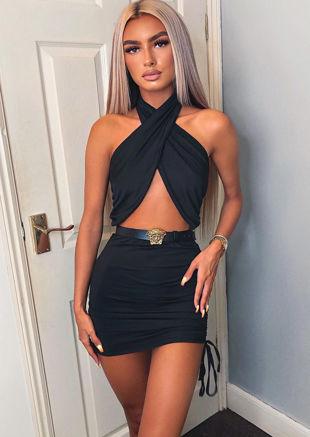 Cross Over Halterneck Cut Out Side Ruched Mini Bodycon Dress Black