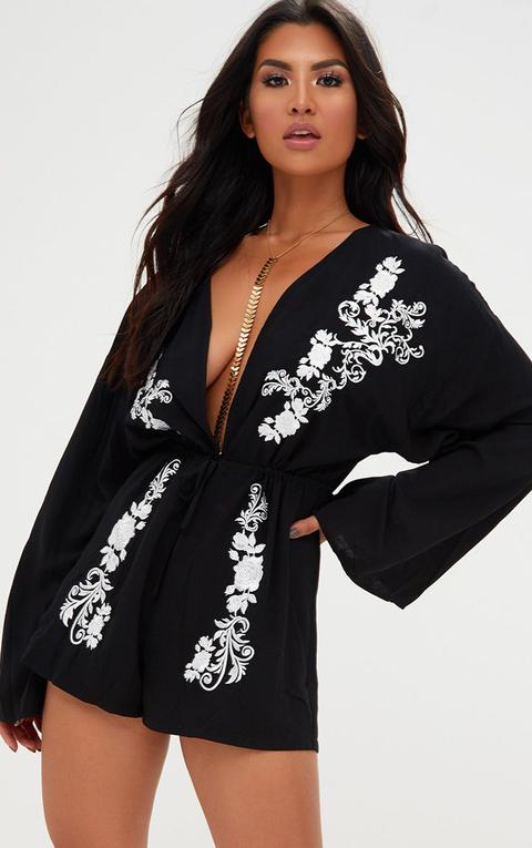 Black Embroidered Plunge Playsuit, Black