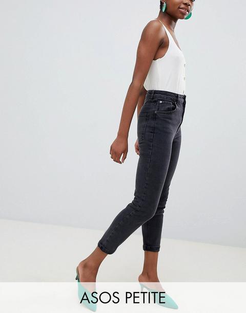 Asos Design Petite - Farleigh - Mom Jeans Slim Vita Alta Nero Slavato - Nero