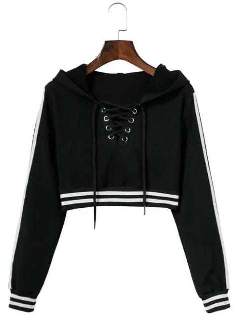Striped Cropped Lace Up Hoodie