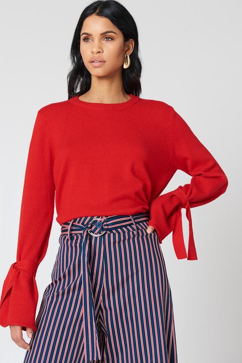 Tied Sleeve Knitted Sweater Rot