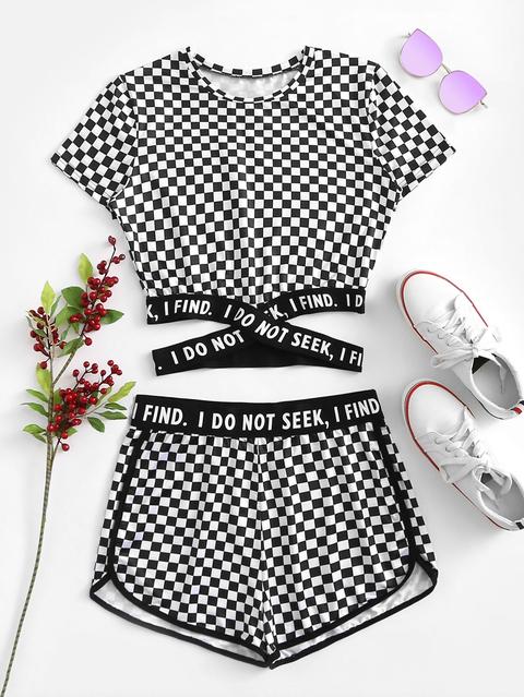 Criss Cross Hem Gingham Tee With Shorts