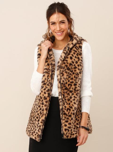 Chaleco Con Capucha Pelo Sintético Animal Print Marrón S