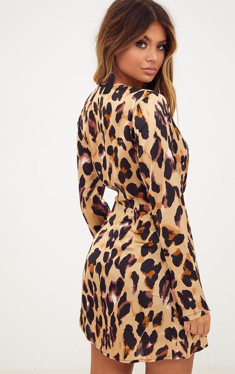 leopard print satin long sleeve wrap dress