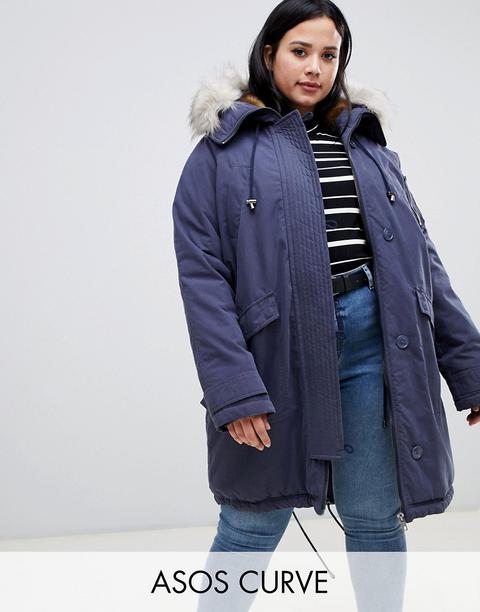 Asos Design Curve - Parka Elegante Con Bordo In Pelliccia Sintetica - Navy