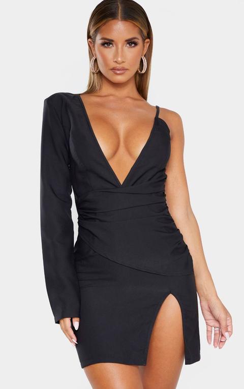 Black Asymmetric Drape Split Bodycon Dress, Black