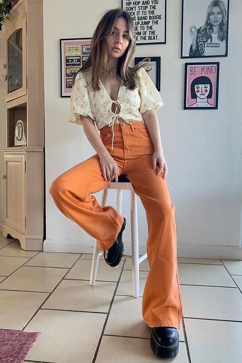 Bdg Tangerine Wide-leg Puddle Jeans - Orange 28 At Urban Outfitters