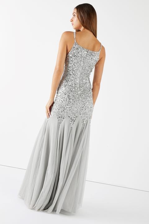 maya fishtail maxi dress silver