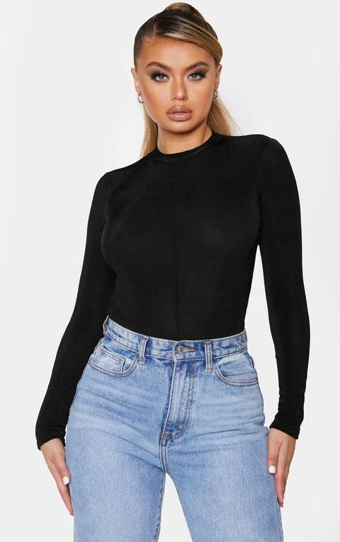 Black Acetate Slinky High Neck Bodysuit