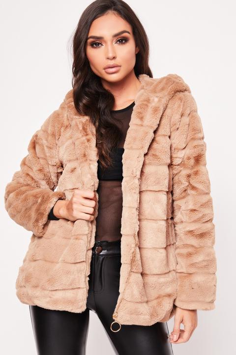 Felicia Camel Hooded Faux Fur Coat