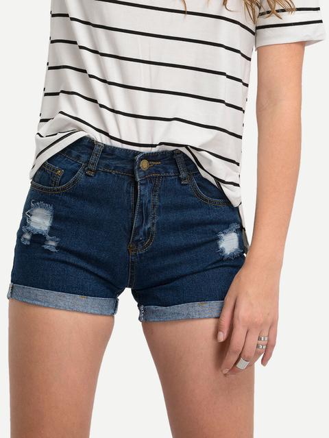 Blue Ripped Cuffed Denim Shorts