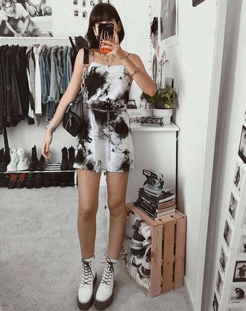 Sagha Slip Dress In Mono Tie Dye Black And White