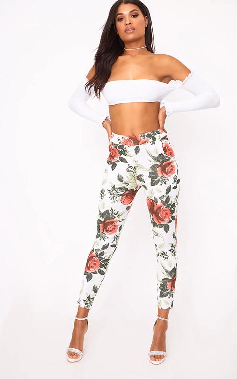 Cream Rose Print Skinny Trousers, White