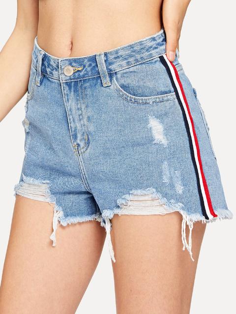 Shorts In Denim A Strisce Strappati Orlo Sfilacciato