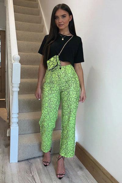 Neon Yellow Coated Snake Print Trousers - Missy