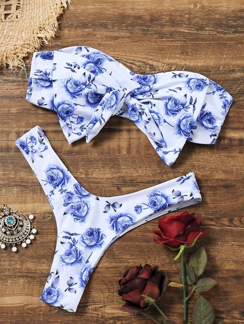 Bikini Perizoma A Fascia Floreale A Farfalla White