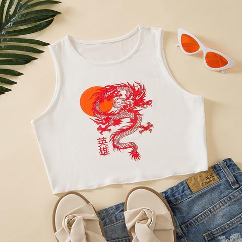 Chinese Dragon & Sun Print Crop Tank Top