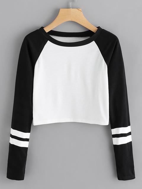 Contrast Sleeve Varsity Striped Crop Tee