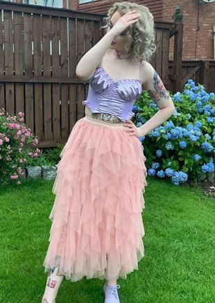 High Waisted Layered Tulle Ruffle Midi Skirt Pink