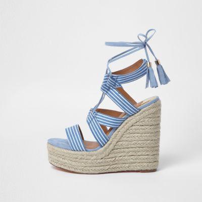 Blue Stripe Tie-up Espadrille Wedges