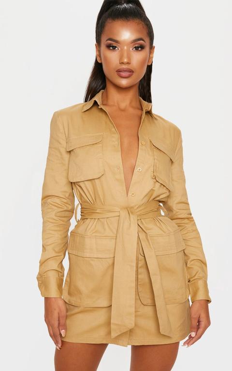 Camel Utility Tie Waist Shirt Dress