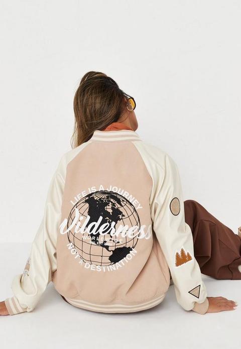 Petite Tan Missguided Faux Leather Sleeve Varsity Bomber Coat, Tan