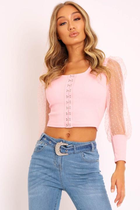 Pink Polka Sleeve Eyelet Fastening Square Neck Top - Aayla