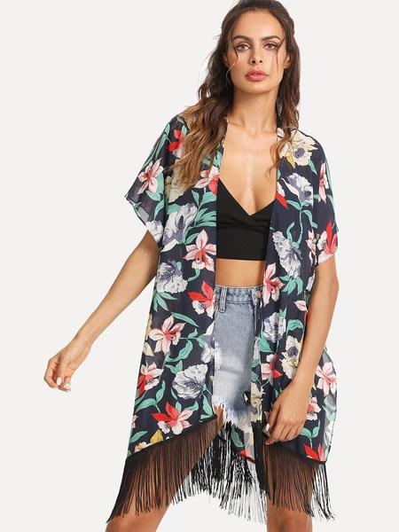 Kimono Con Orlo A Frange Con Stampa Floreale