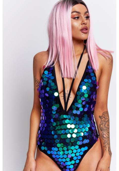 Purple Iridescent Sequin Plunge Swimsuit