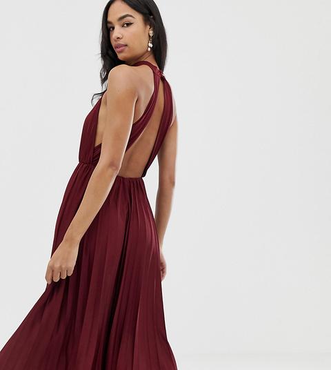 Asos Design - Vestito Midi A Pieghe Allacciato Al Collo E Stretto In Vita - Rosso