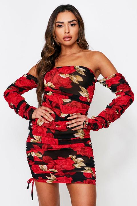 Rose Print Mesh Ruched Bardot Minidress