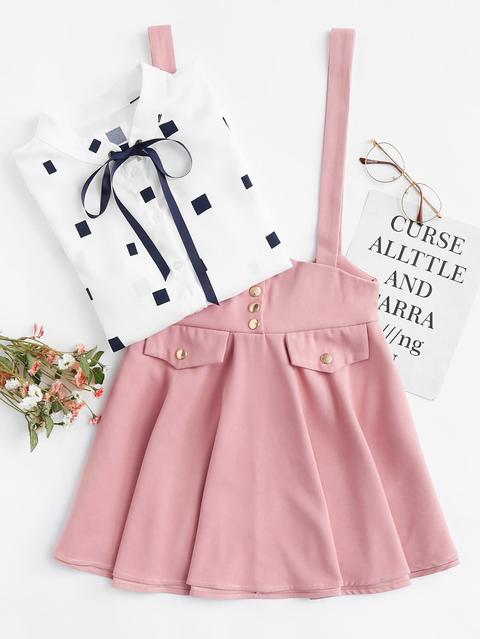 Button Detail Bow Back Pinafore Skirt