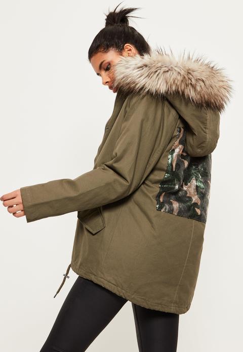 Khaki Hooded Camouflage Detail Parka