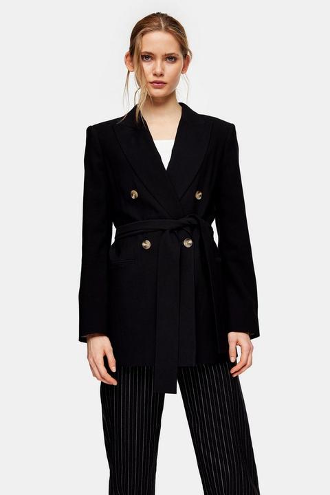 Black Double Breasted Belted Blazer