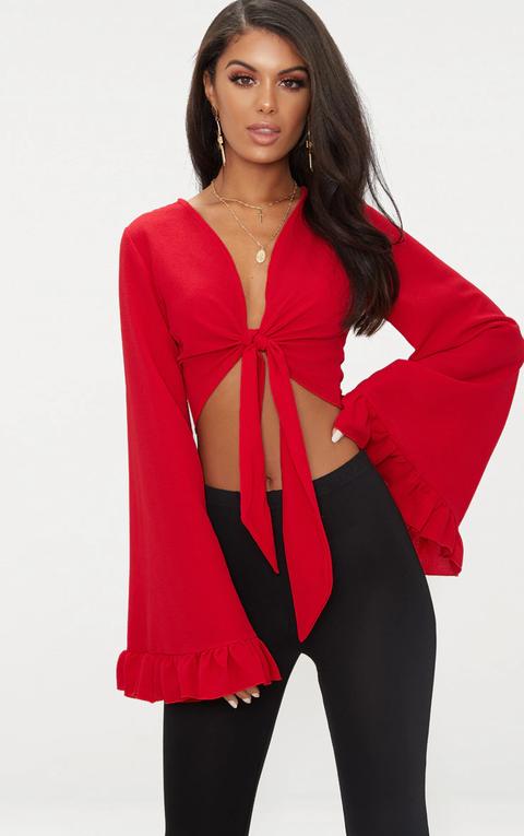 Red Tie Front Extreme Sleeve Crop Top, Red