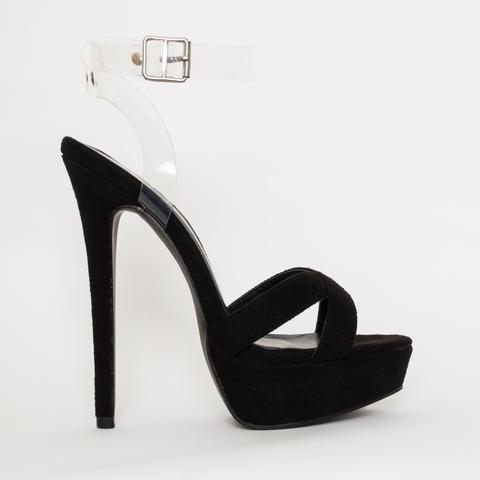 Shakira Black Suede Clear Platform Heels