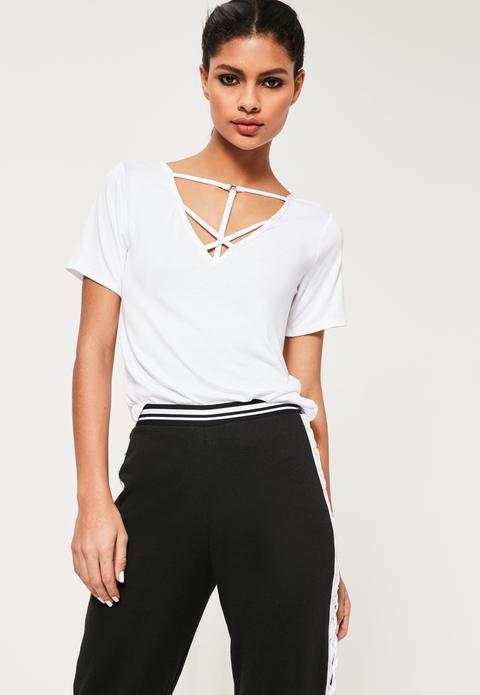 White Cross Front Harness Ring Detail Tshirt