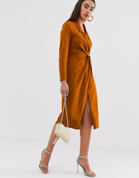 Asos Design - Robe Chemise Cache-cœur Mi-longue En Tissu Flammé - Orange