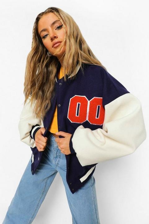 Womens Oversized 00 Colourblock Varsity Bomber Jacket - Blue - 8, Blue