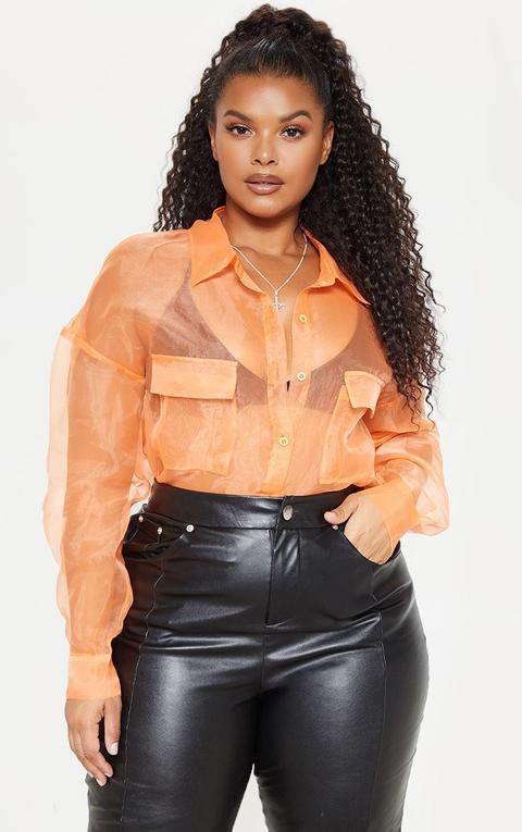 Plus Bright Orange Organza Pocket Detail Oversized Shirt, Bright Orange