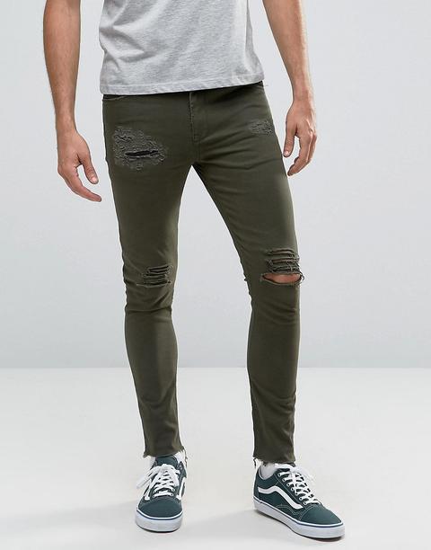 Pantalones Muy Ajustados En Verde Oscuro Con 5 Bolsillos Y Detalles Rasgados Y Desgastados De Asos