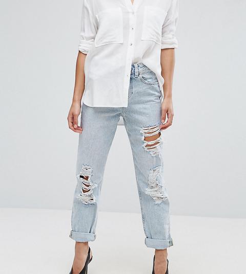 Asos Petite - Original - Mom-jeans In Missouri Mit Rissen - Blau