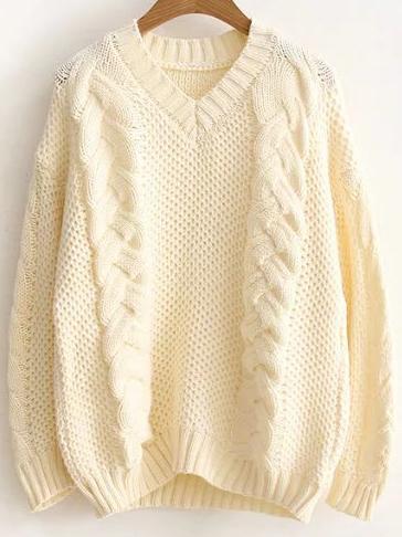 Beige Cable Knit V Neck Sweater