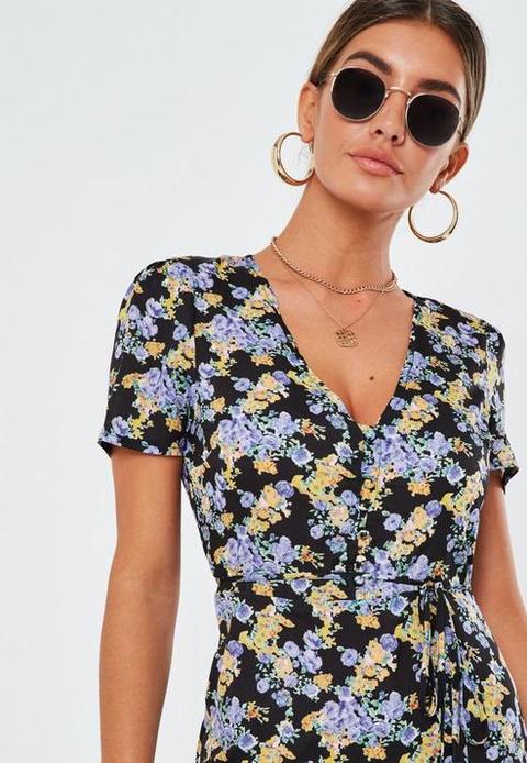 Black Floral Half Button Midi Tea Dress, Black from Missguided on 21 Buttons