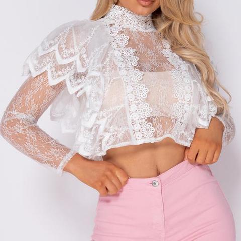 White Lace Frill Detail High Neck Top