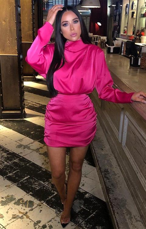 hot pink satin draped mini dress