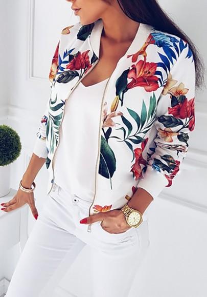 Abrigo Estampado Floral Cuello Rojoondo Cremallera Algodón Casuales Blanco