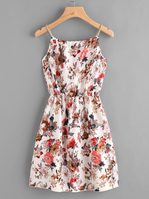 Braided Bead Strap Tie Front Calico Print Dress