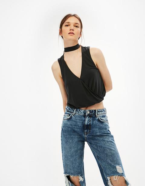 Top Con Incrocio In Cupro Con Collo Choker